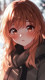 Brown haired anime girl in winter coat and scarf outdoors.
