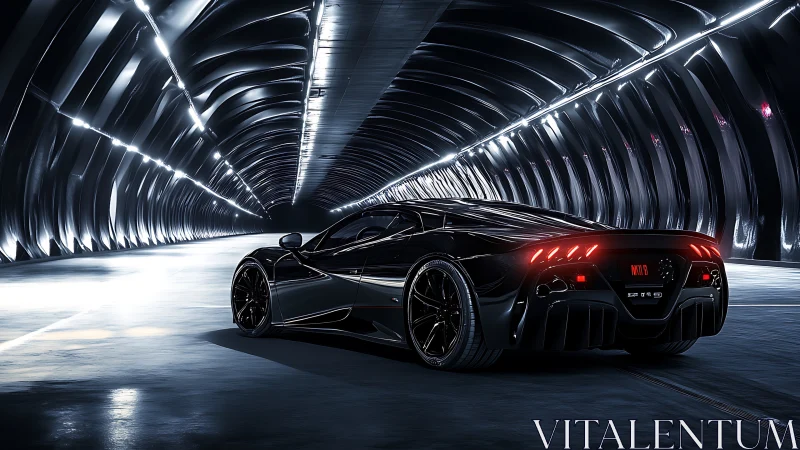 Black sports car in illuminated tunnel with reflective walls.