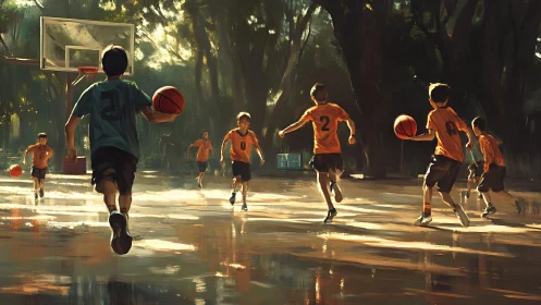 Sunlit youth basketball game rendered in dynamic digital brushwork