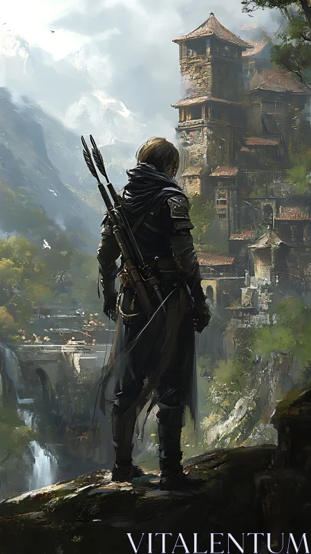 Lone ranger surveys mist-clad citadel above roaring falls.