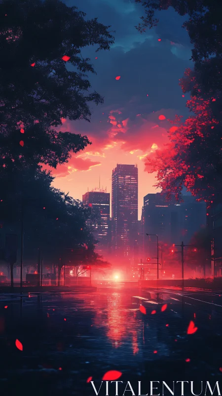 Neon dusk city street glows through rain and drifting petals