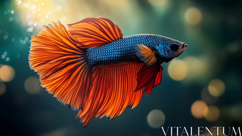 Betta fish glows underwater with vivid orange fins.