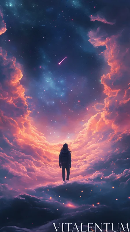Solitary figure stands on volumetric clouds beneath nebula sky