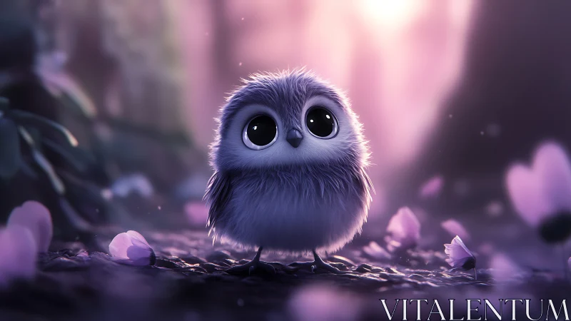 Wide-eyed baby owl glows softly in dreamy lilac forest.