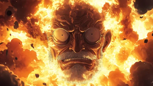 Elderly bespectacled face engulfed in high-intensity explosion