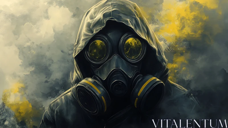 Hooded figure in gas mask stands in dense yellow smoke