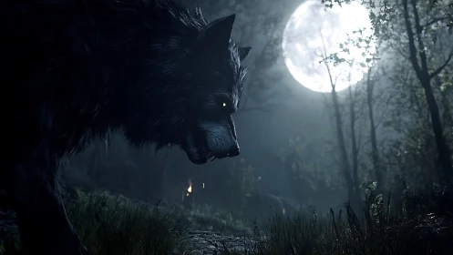 Moonlit forest wolf prowls through mist with quiet power