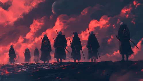 Silhouetted sword bearers traverse crimson storm horizon