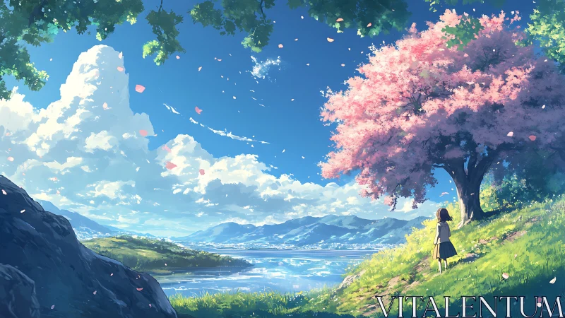 Girl under cherry tree above lake with distant mountains.