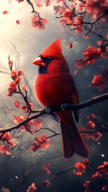 Red cardinal on flowering branch in soft diffused light.