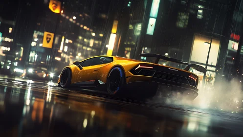 Yellow supercar drifting hard on wet neon city street at night.