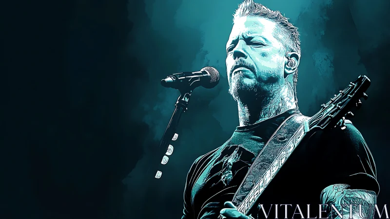 Stormlit guitarist crowns the mic in teal neon hush.