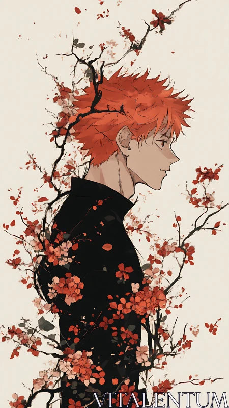 Anime boy in profile framed by red blossoms and vines.