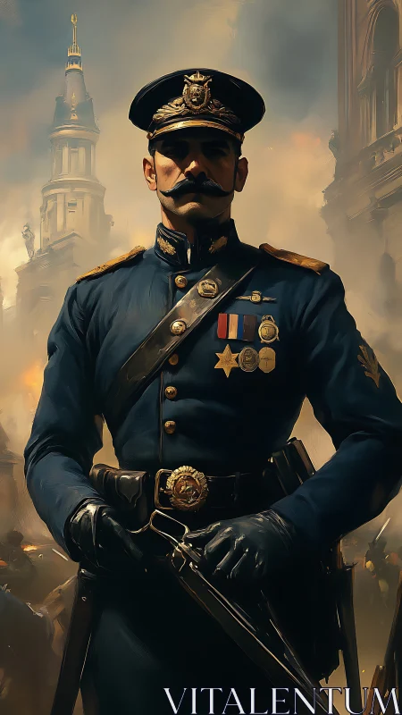 Gallant officer stands tall amid smoke and golden light.