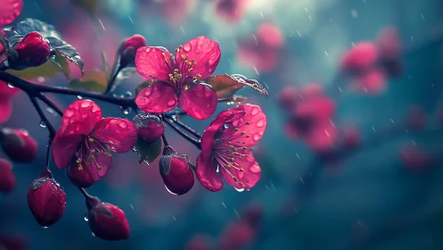 Red flowers in rain with water droplets and blurred background.
