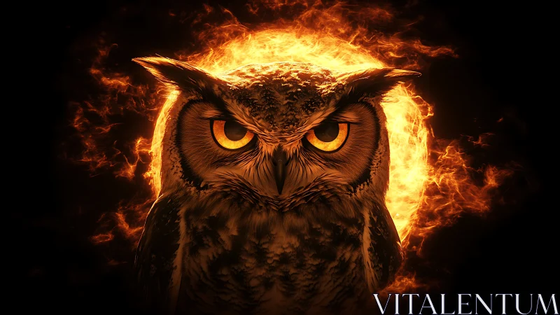 Fiery-eyed owl stands calm before a blazing solar halo