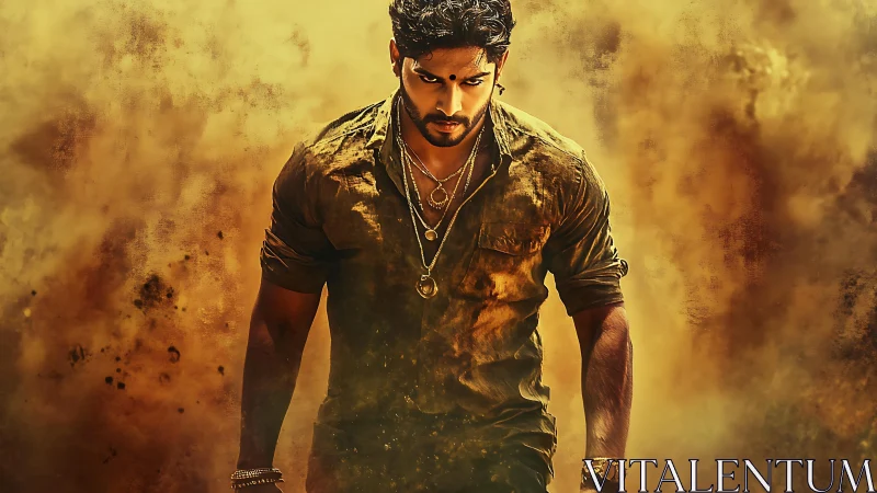 Intense warrior strides forward through swirling golden dust