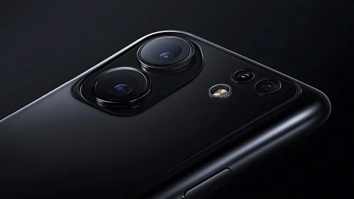 Sleek black smartphone camera module gleams in soft light.