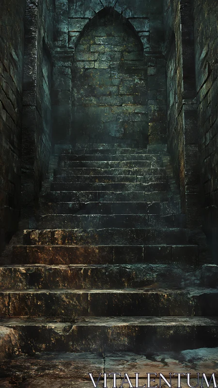 Ancient stone stairway ascends toward sealed archway