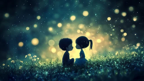 Two Children Silhouettes in Glowing Field at Night.