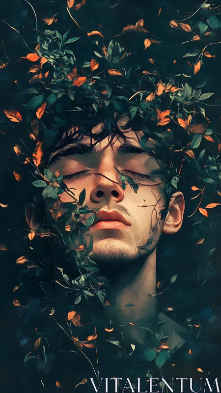 Male portrait entwined with autumn foliage in moody digital painting