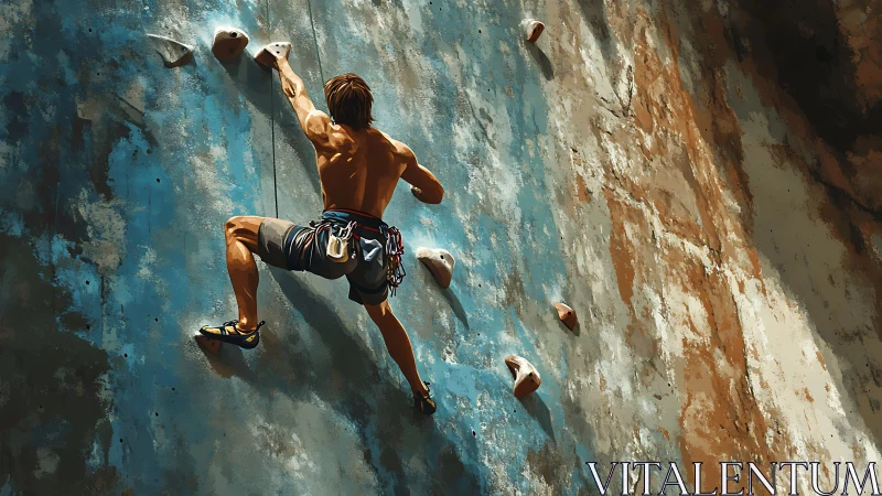 Rock climber ascends weathered wall in dynamic sunlight.