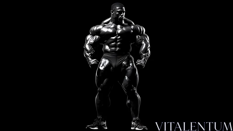 Highly stylized male bodybuilder flexes under hard lighting