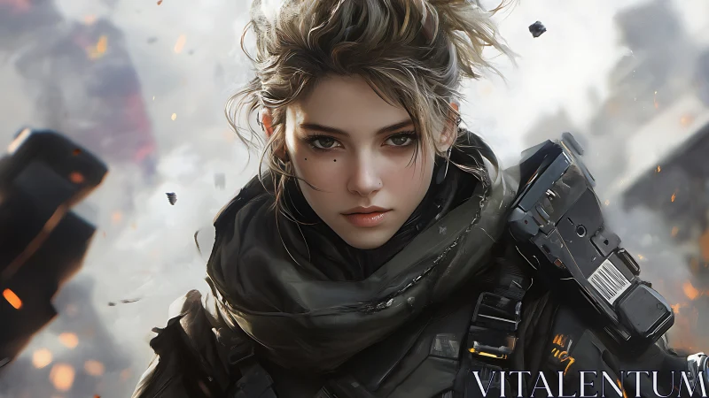 Battle-ready female soldier in smoky futuristic combat zone.