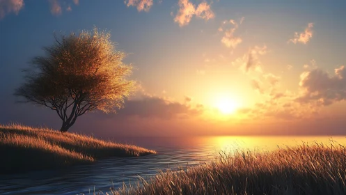 Digital painting sunset shoreline with luminous solitary tree.