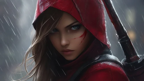 Hooded female warrior in rain rendered as photoreal portrait