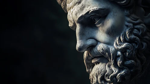 Stoic marble bust profile under dramatic side lighting.