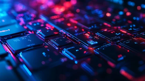 Neon-lit circuit tiles forming a futuristic digital landscape.