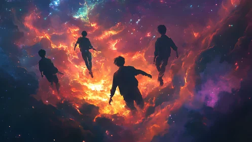 Silhouetted figures traverse a luminous cosmic nebula field