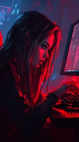 Focused hacker codes under neon red cyberpunk glow