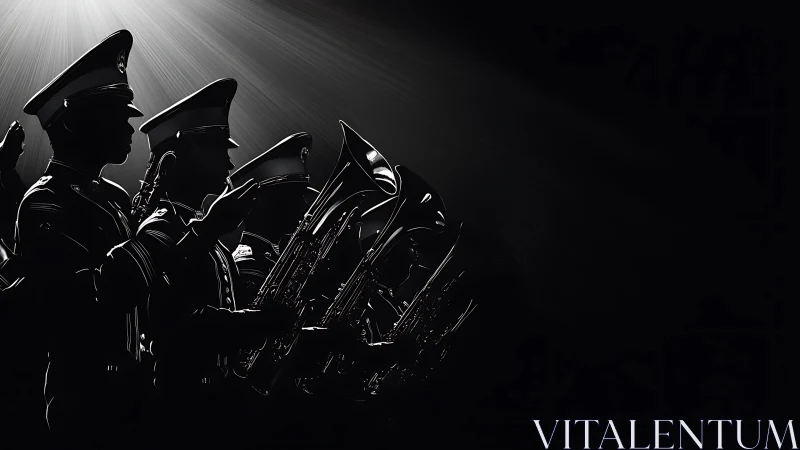 Backlit ceremonial brass ensemble in high-contrast chiaroscuro.