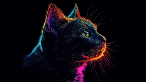 Neon-outlined black cat profile on deep black canvas.