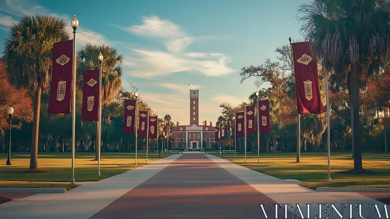 Symmetrical campus walkway leads to brick clock tower at dusk