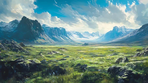 Vast alpine valley opens beneath towering snowlit mountains