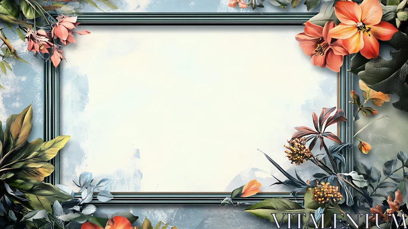 Floral Frame with Ornamental Blooms and Metallic Border