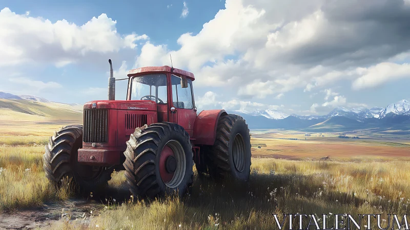 Weathered red tractor resting under wide open mountain sky.