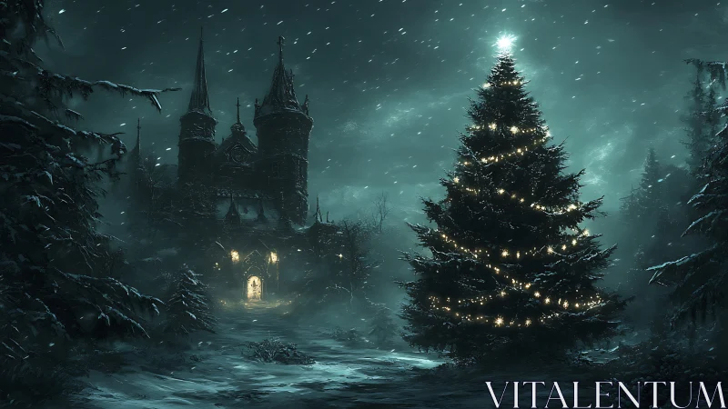 Nocturnal gothic castle with illuminated winter fir tree.