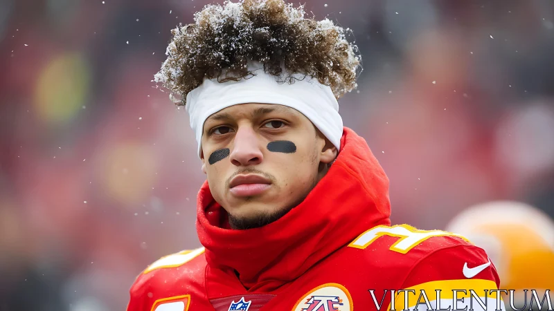 Focused football quarterback in red uniform under snowfall.