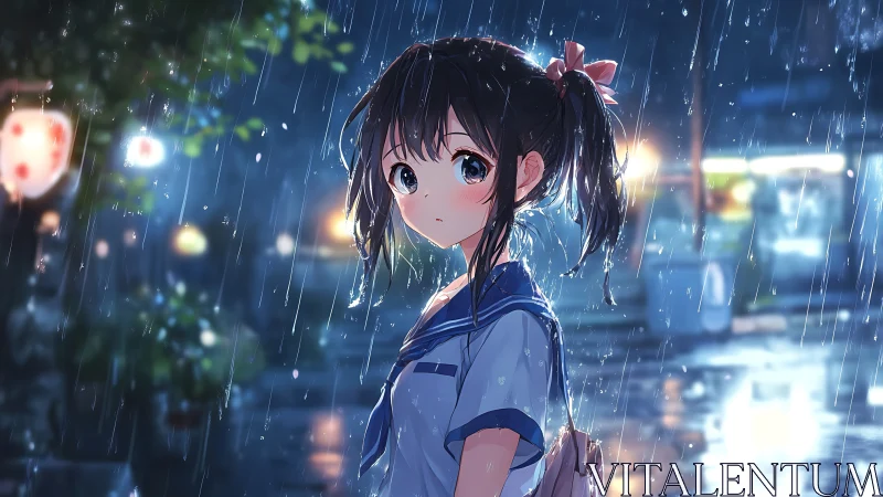 Schoolgirl stands under neon rain in quiet night street