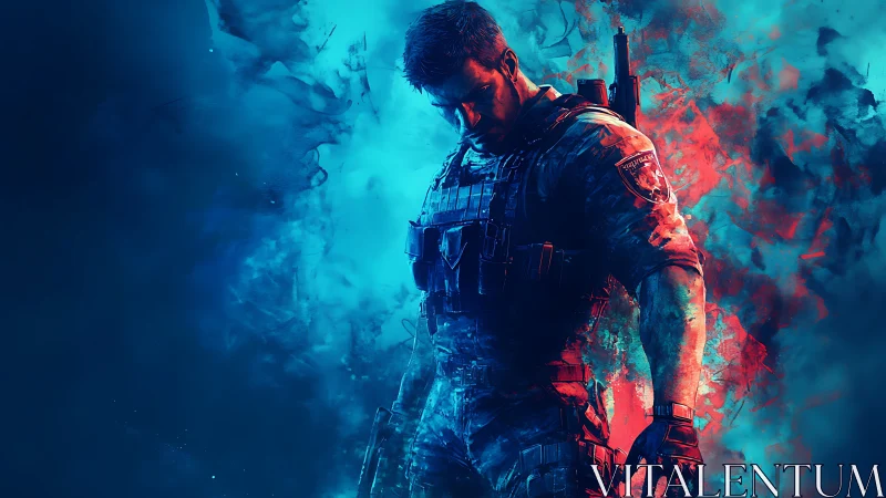 War-torn guardian pauses within electric red-blue storm light