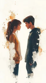Two Figures Facing Each Other with Watercolor Dissolve Effects.