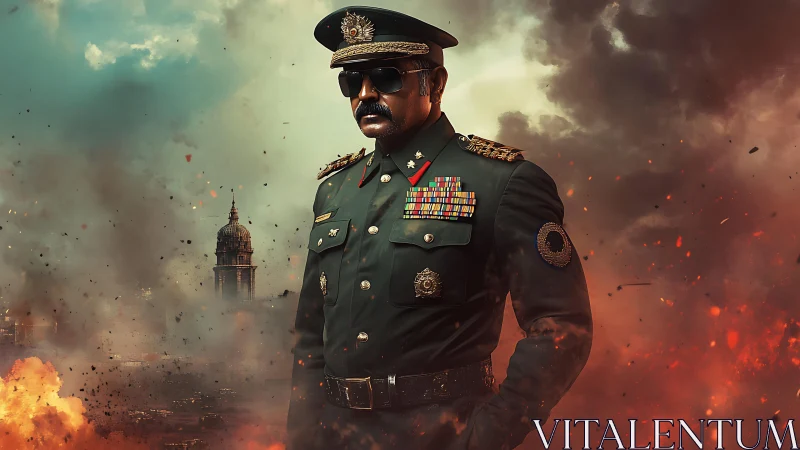 War-hardened general in burning city battlefield backdrop.