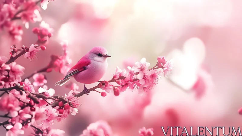 Pink songbird perched on soft-focus cherry blossoms.