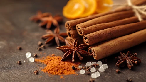 Whole cinnamon sticks with star anise and sugar crystals.