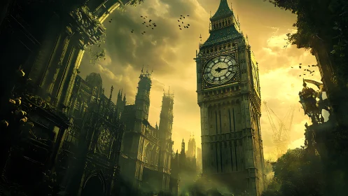 Big Ben in overgrown post-apocalyptic London ruins.