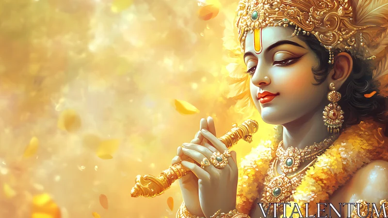 Golden serenity of a divine flute player in soft light.